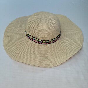 Hat Womens Cream‎ Ivory Banded Wide Brim Sun Hat Casual Outdoor Beach Pool